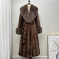 Brown fishbone pattern vegan fur long coat with a large tipped collar and a tie belt, Fishbone Pattern Large Collar option