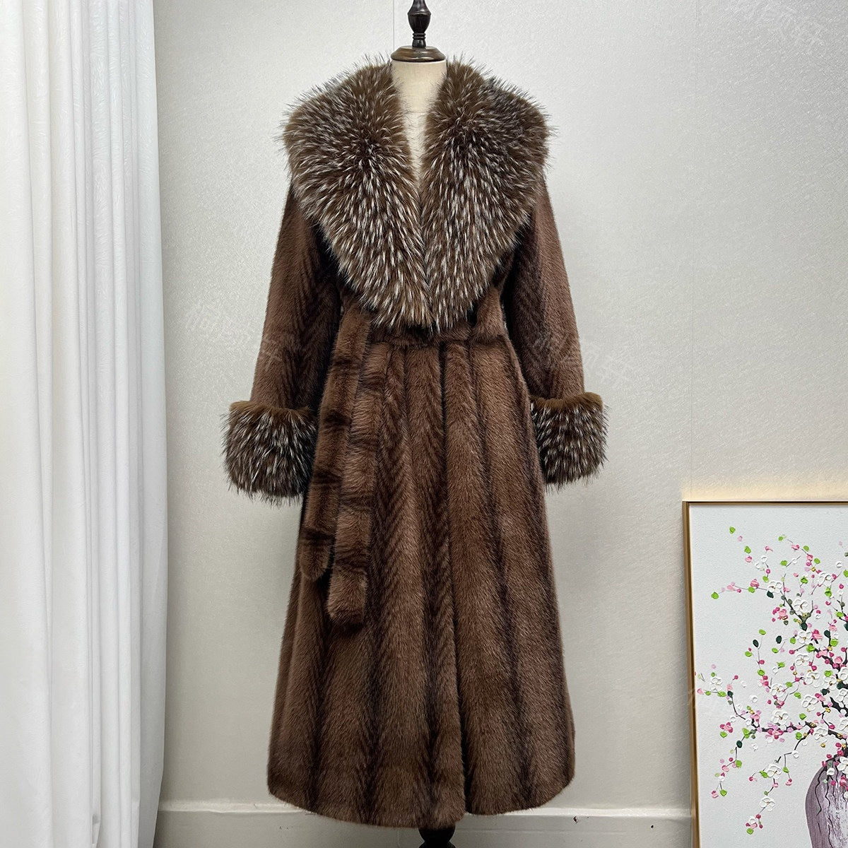 Brown fishbone pattern vegan fur long coat with a large tipped collar and a tie belt, Fishbone Pattern Large Collar option