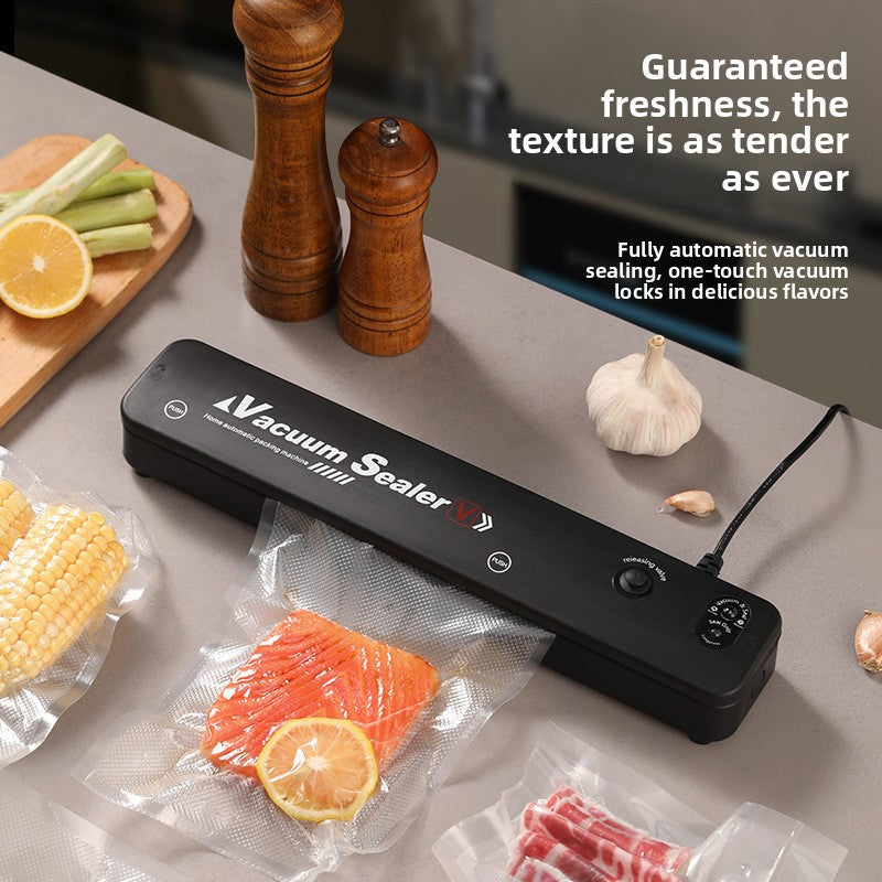 Black vacuum sealer on a kitchen counter beside vacuum sealed bags of corn, salmon and meat