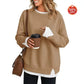 Front view of a khaki long sleeve sweatshirt with round neck and layered hem look
