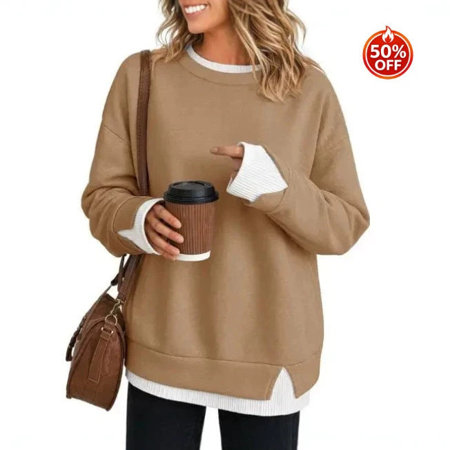 Front view of a khaki long sleeve sweatshirt with round neck and layered hem look