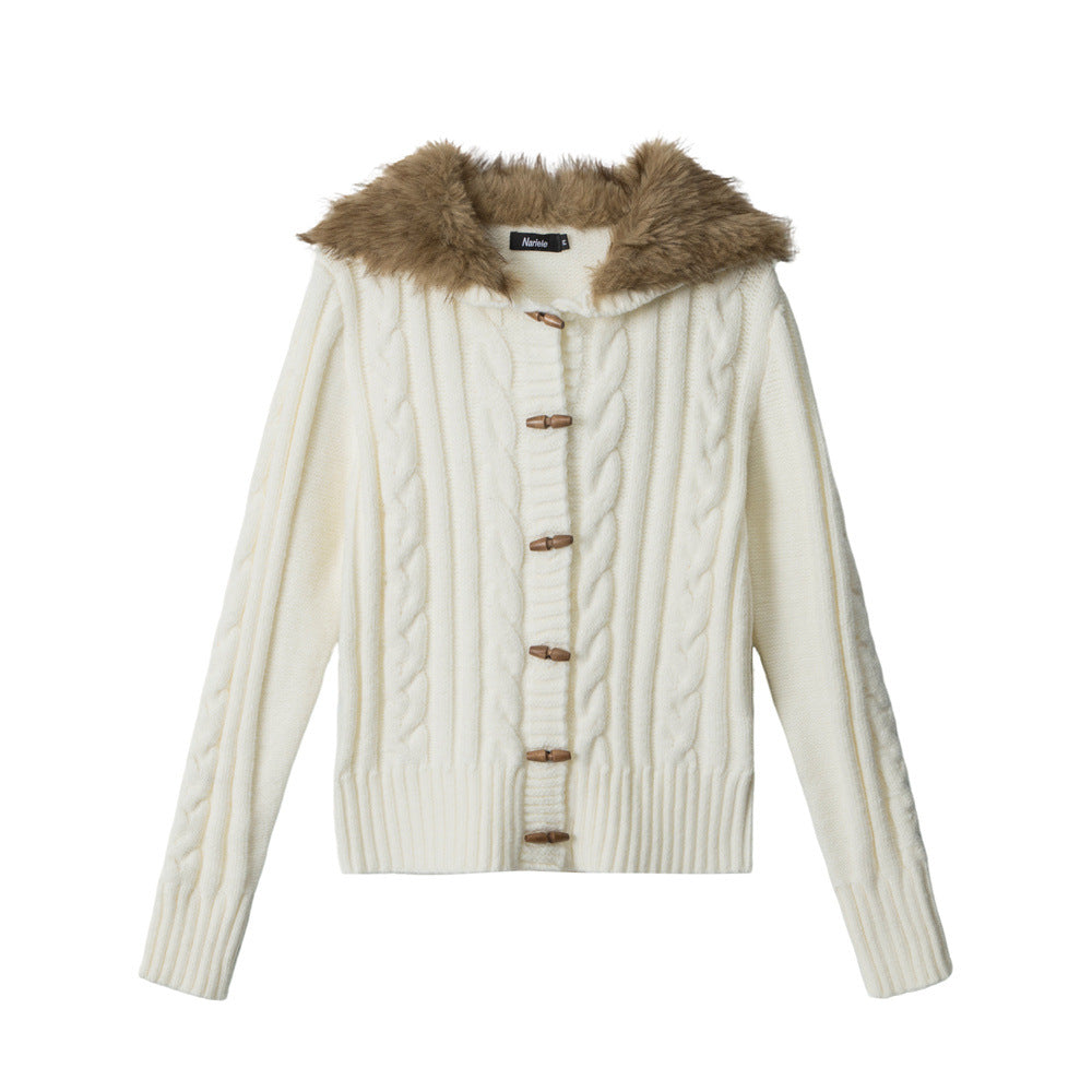 Cream white cable knit cardigan with wooden toggles and vegan fur trimmed hood, front view, size S