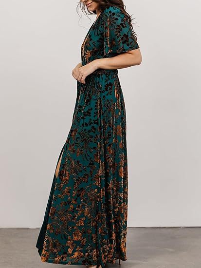 Full length view of the green floral burnout velvet wrap maxi dress with short flutter sleeves