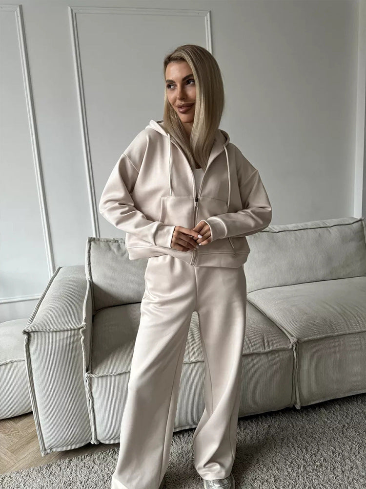 Light beige apricot zip front hooded sweatshirt and wide leg trousers set, Apricot color, worn by a model, the Size XL option