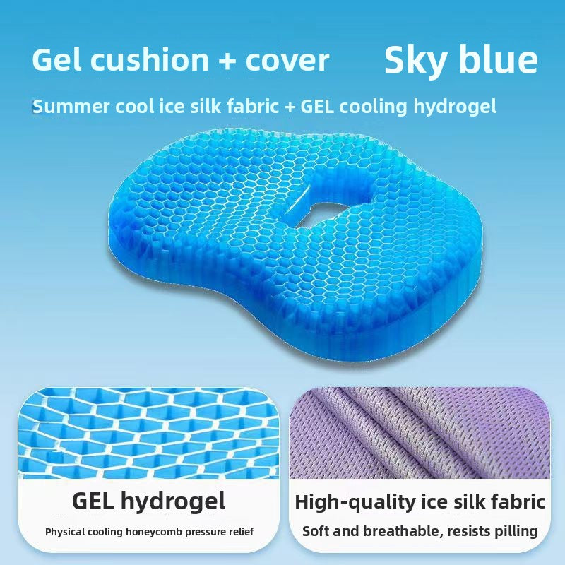Gel seat cushion shown with a dark fabric cover and a side zip