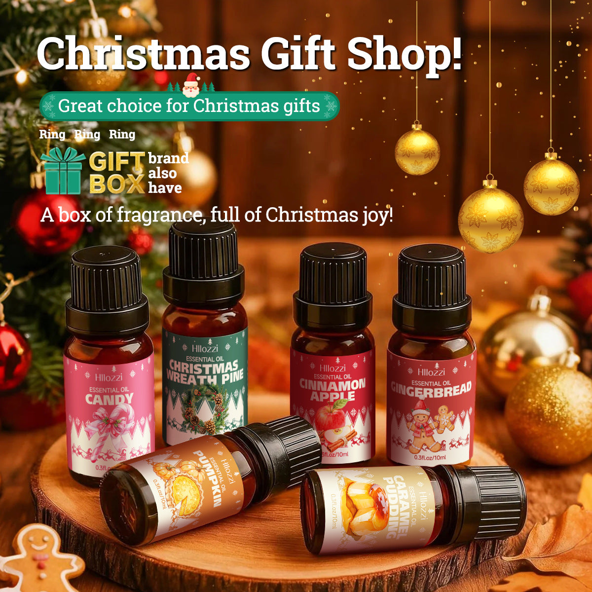 Amber dropper bottles of gingerbread, pumpkin and cinnamon apple scent oils on a snowy set