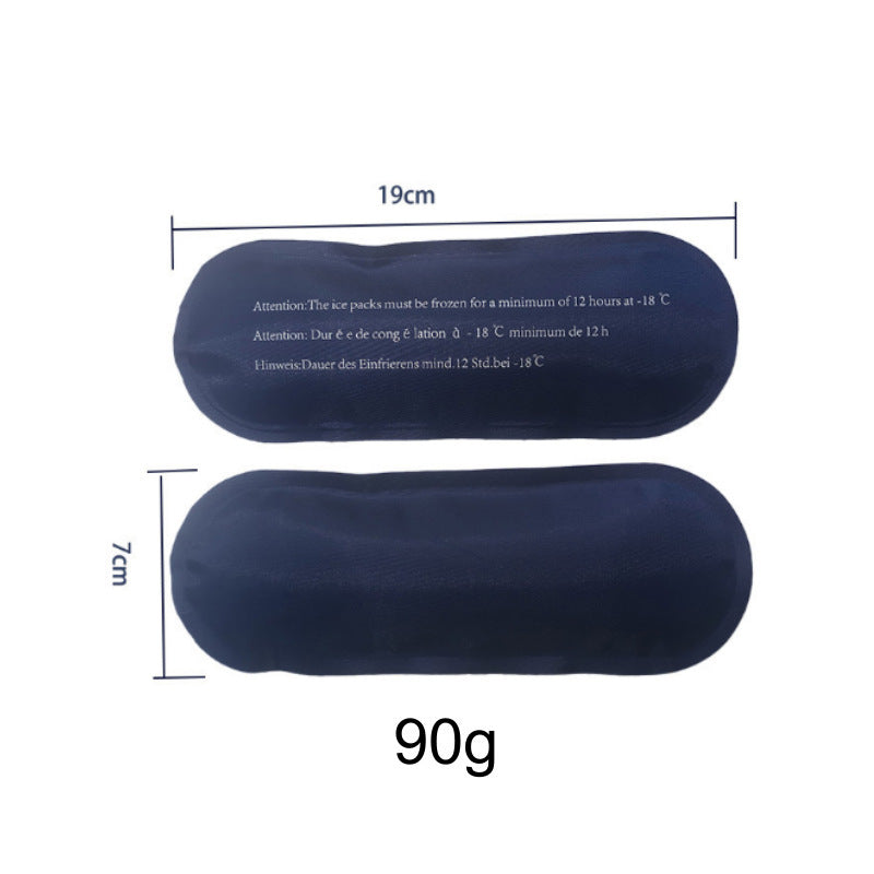 Two navy gel ice packs measuring 19 cm by 7 cm and 90 g, printed with freezing instructions