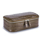 Brown crocodile pattern genuine leather cosmetic bag with silver double zipper, three quarter view