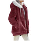 Women's loose plush hooded zip jacket with a contrast lined drawstring hood and two zip pockets