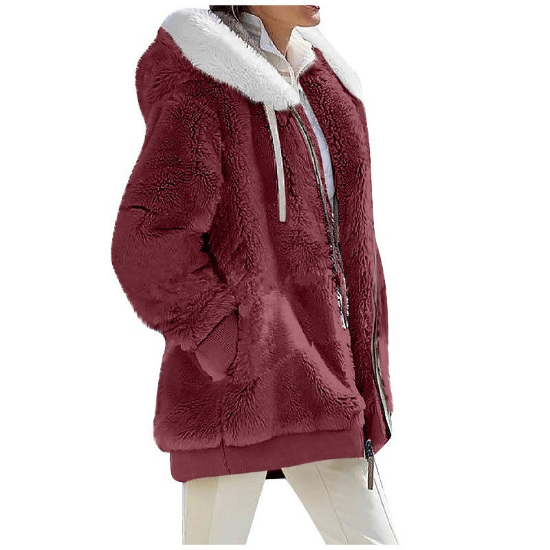 Women's loose plush hooded zip jacket with a contrast lined drawstring hood and two zip pockets
