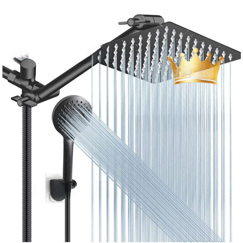 Jet black square rain panel and round handheld on the same jointed arm, water falling from both