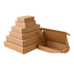 Stack of kraft mailer boxes beside an open box with Chinese promotional text and a yellow border