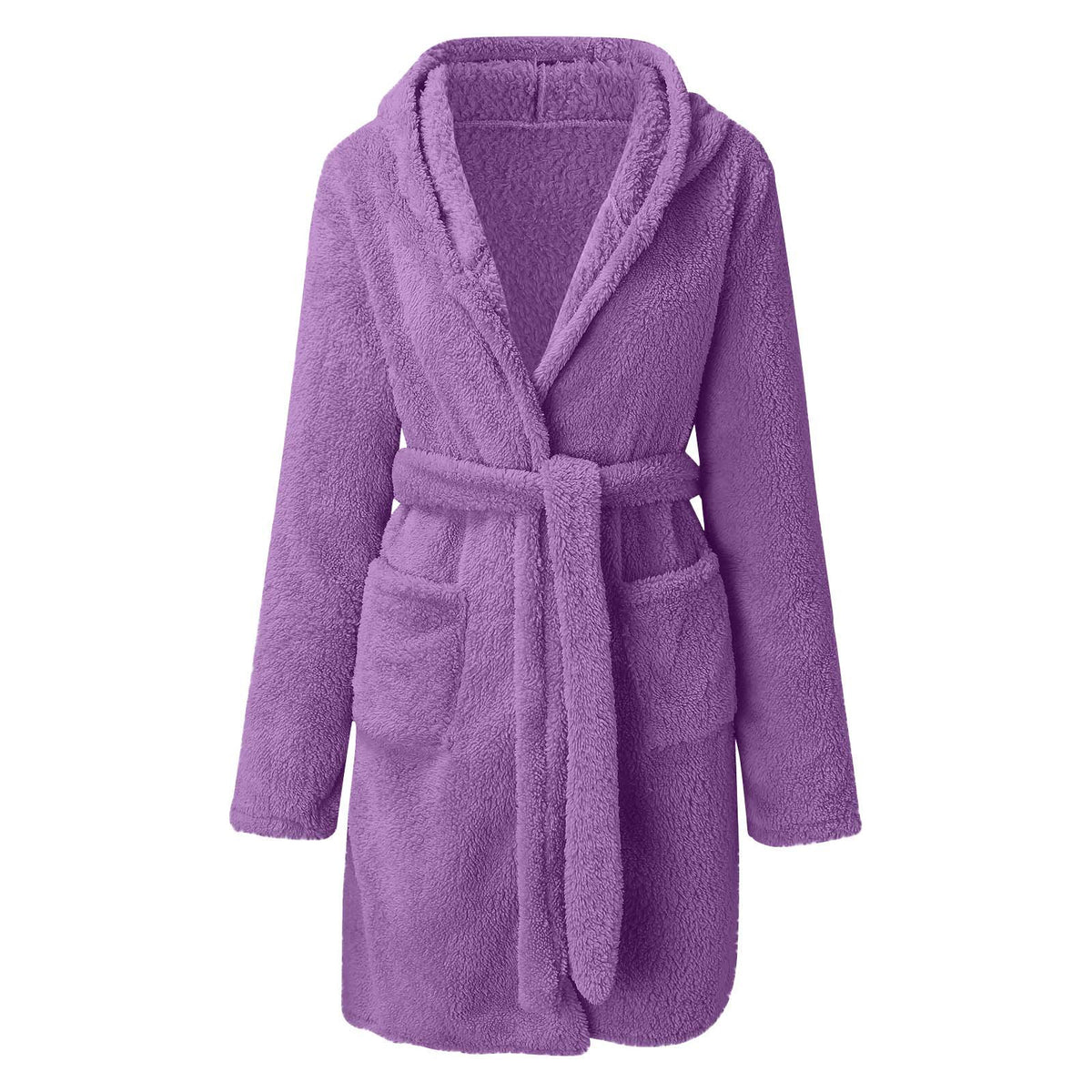 Purple plush hooded fleece robe with tie belt, on a plain white background, size S option