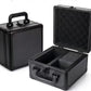 Black aluminium card storage case open beside a closed case showing the foam interior