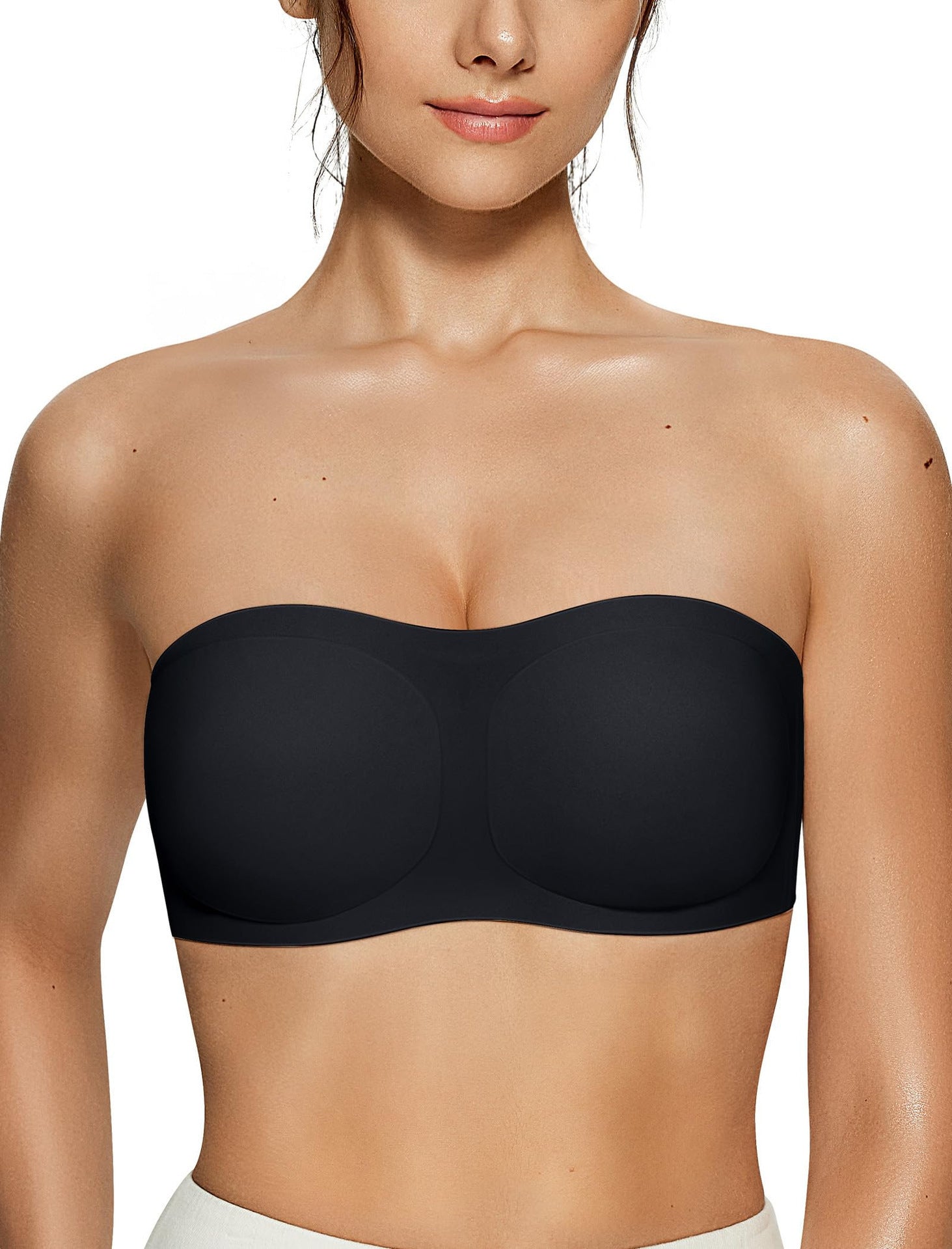 Strapless push-up bra folded with cups facing up for storage
