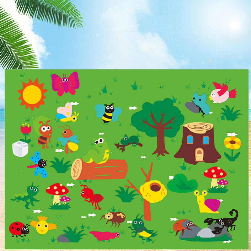 Garden insect felt story board with felt bugs, tree and mushroom pieces in a bright outdoor scene