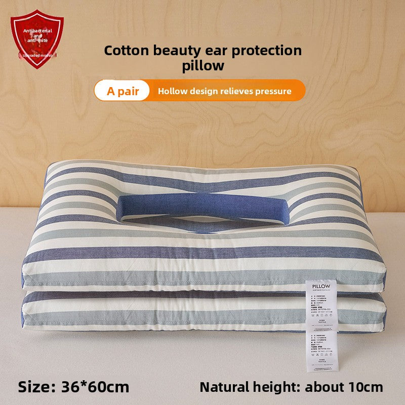 Contoured cotton side sleeper pillow with a hollow ear relief center and neck ridge, blue stripe