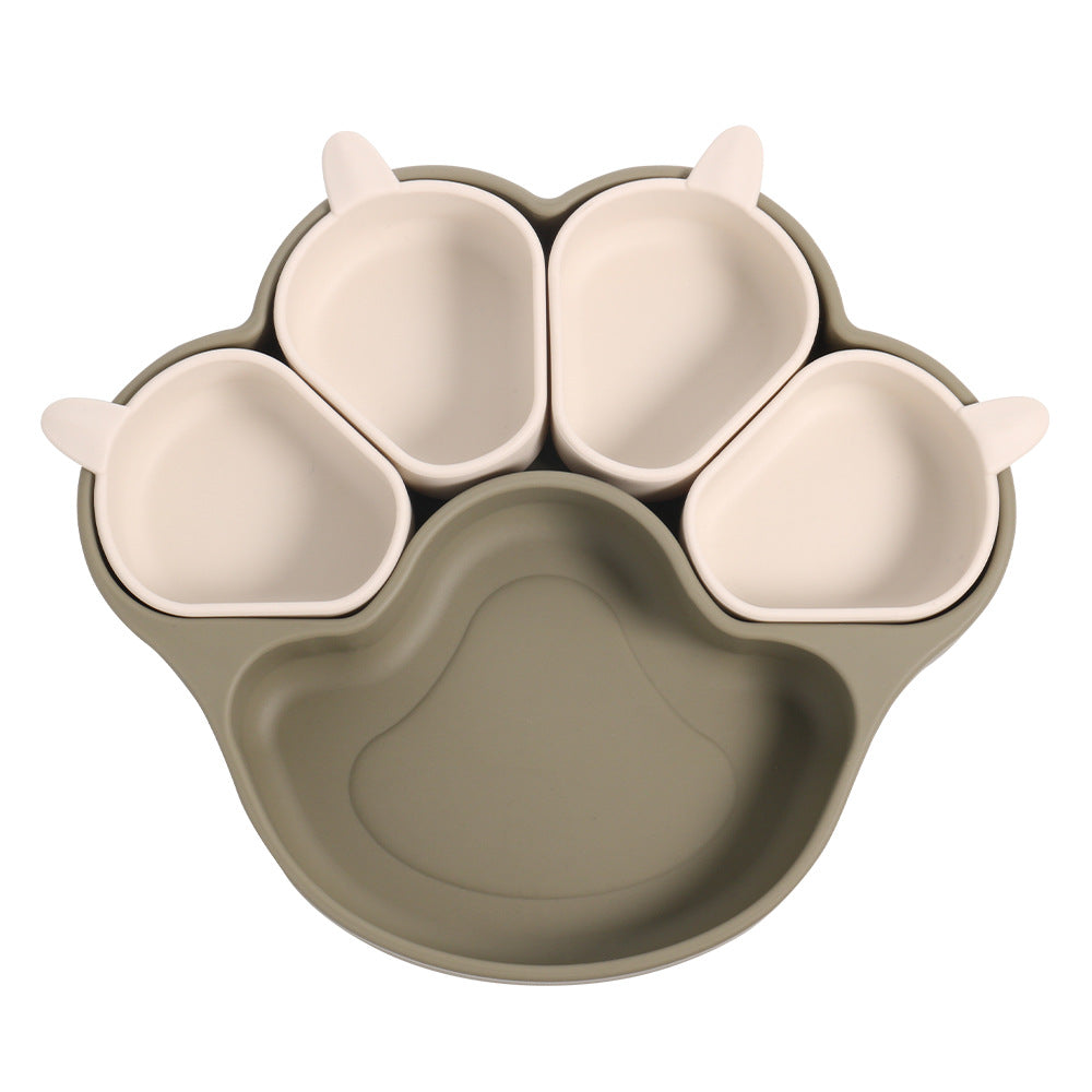 Army green bear paw plate with four small cream cups on a white background