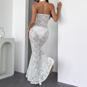 Backless lace mermaid dress styling shot rear view