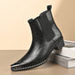 Black men's pointed toe Chelsea boot with crackled finish, elastic side panel and metal toe cap