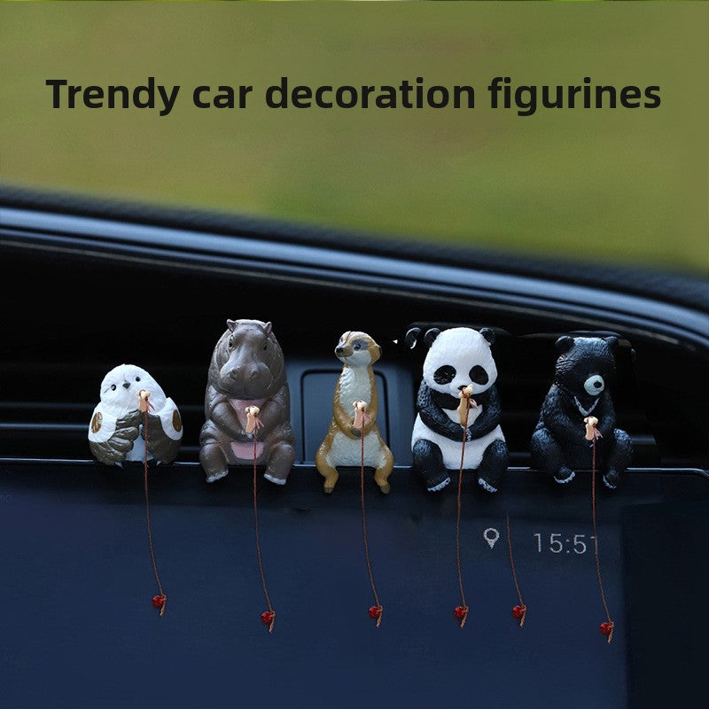 Bird, hippo, meerkat, panda and black bear resin figurines fishing from a screen ledge