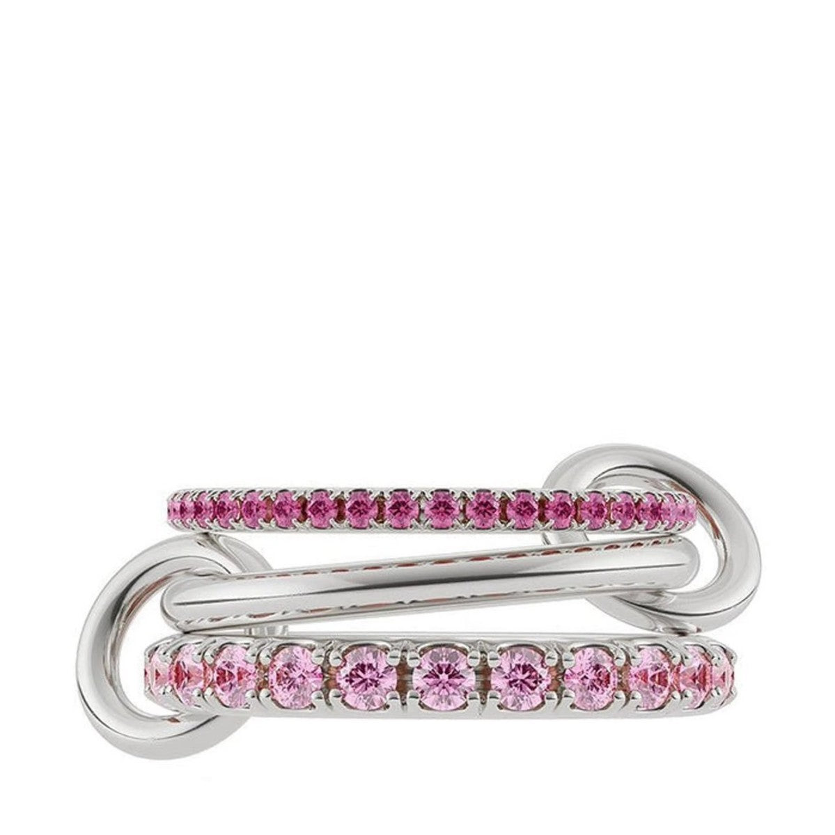 Linked stacked band ring worn on a finger as one layered piece