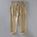 Pure linen mens drawstring straight leg trousers in apricot, front flat view