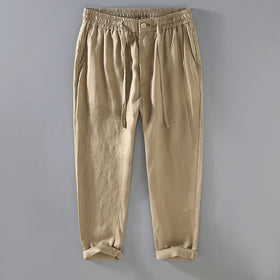 Pure linen men's drawstring straight-leg casual pants