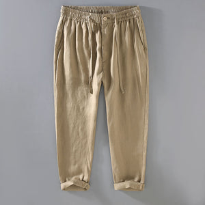 Pure linen mens drawstring straight leg trousers in apricot, front flat view