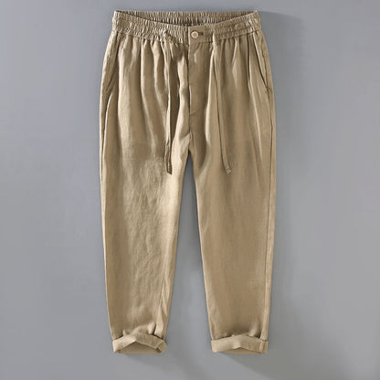 Pure linen mens drawstring straight leg trousers in apricot, front flat view