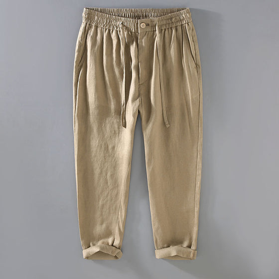 Pure linen men's drawstring straight-leg casual pants
