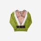 Green novelty ugly Christmas pajama with a printed hairy chest gag, fur trim, belt and string lights