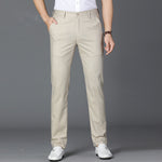 Beige linen blend mens straight leg trousers front view worn over white loafers