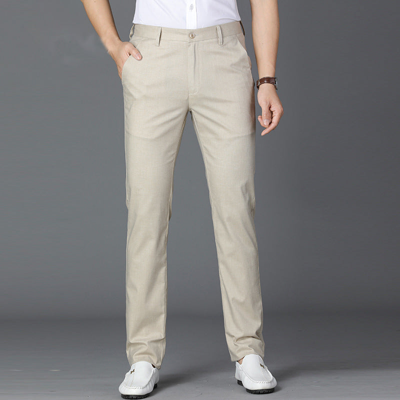 Beige linen blend mens straight leg trousers front view worn over white loafers