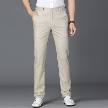 Beige linen blend mens straight leg trousers front view worn over white loafers