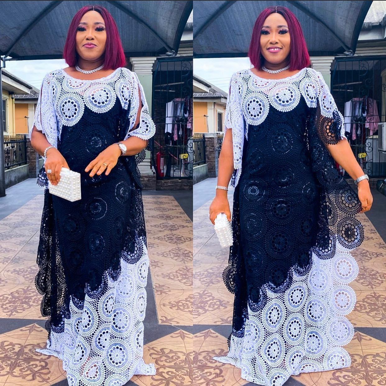 Black and white medallion lace boubou robe shown full length