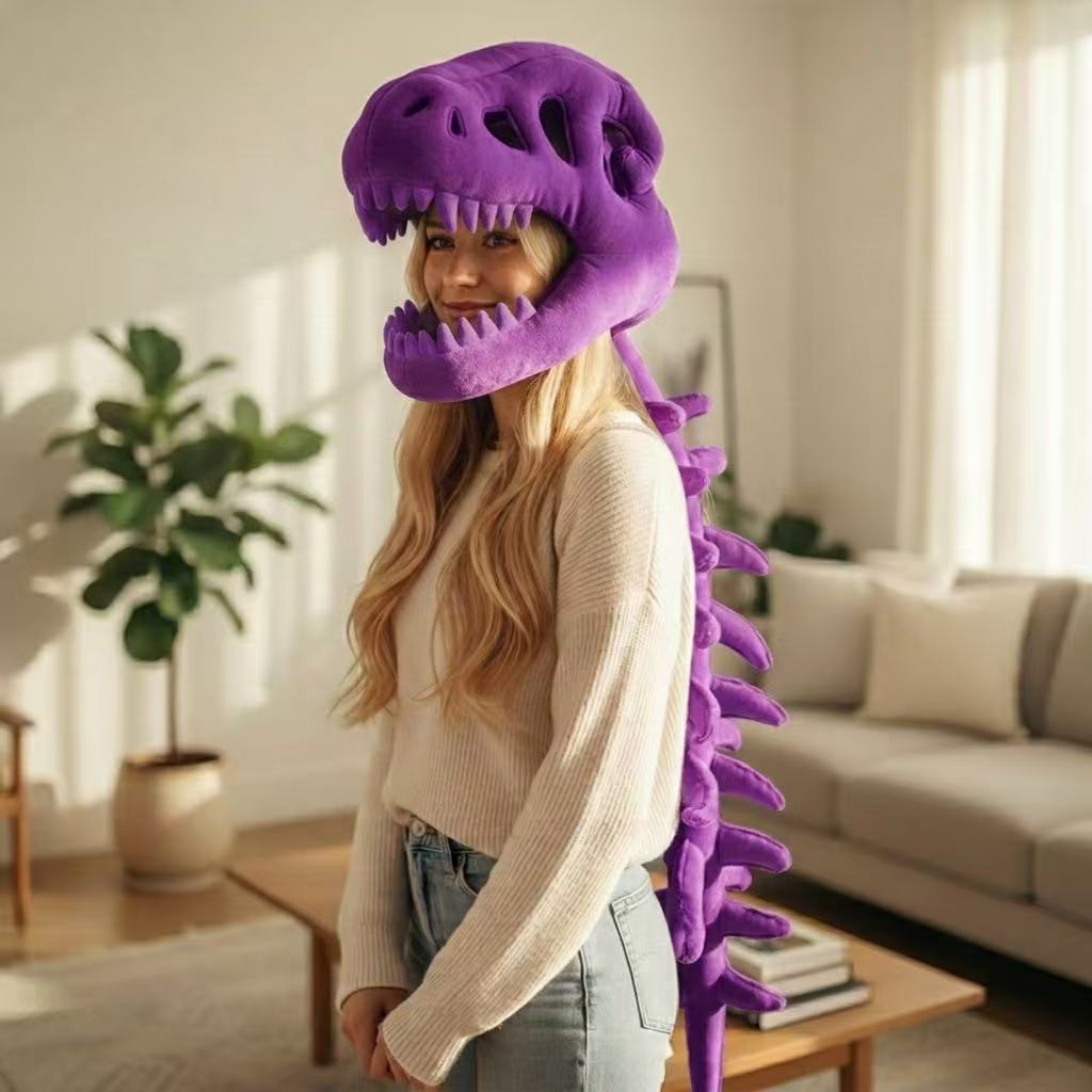 Woman wearing the purple dinosaur skeleton plush hood with the spine down her back