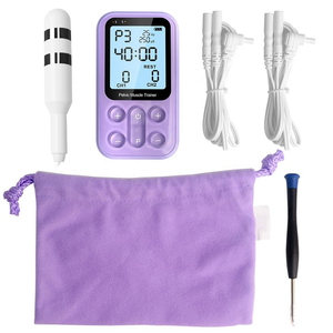 Flat lay of the purple pelvic muscle trainer with contact probe, two lead wires, drawstring pouch and screwdriver