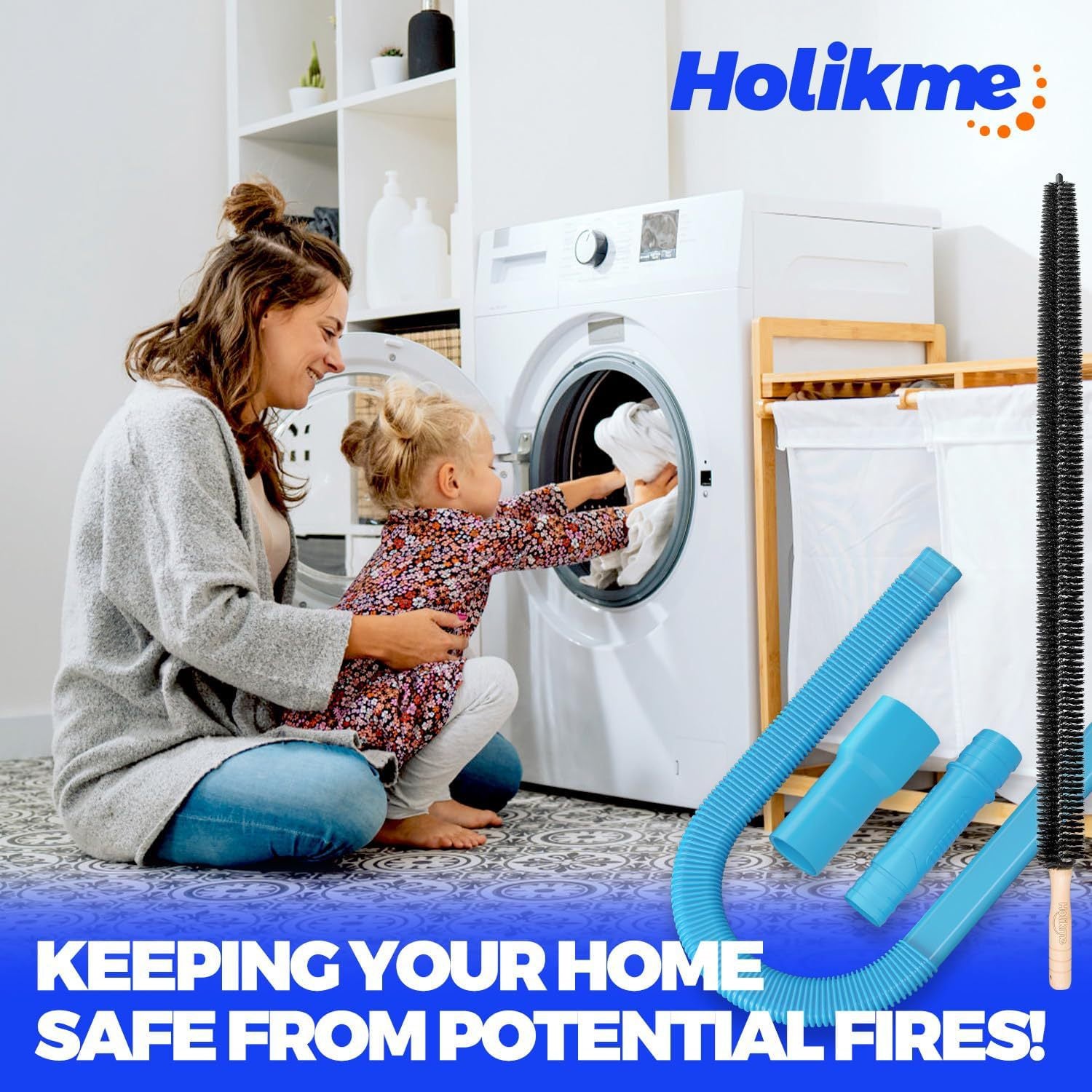 The four piece dryer vent kit laid out in a laundry room, a bristle brush, a flexible hose, and two adapters
