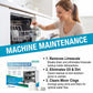 White water soluble dishwasher cleaning tablet held near an open dishwasher door