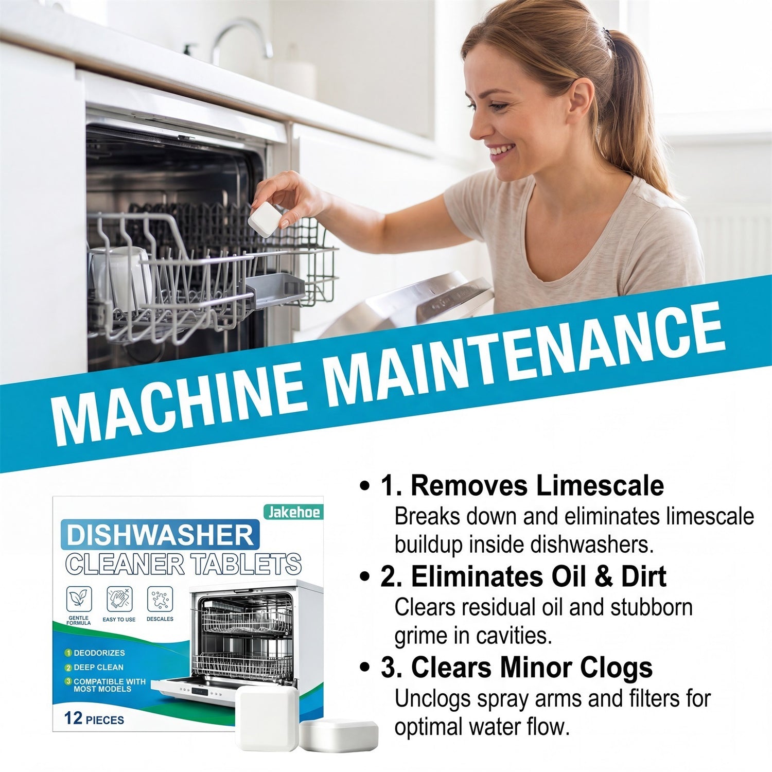 White water soluble dishwasher cleaning tablet held near an open dishwasher door