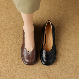 Womens Cowhide Leather Round Toe Block Heel Slip-On Shoes with Embossed Pattern
