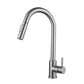 Brushed steel kitchen mixer on white, gooseneck spout and single lever handle seen from the side