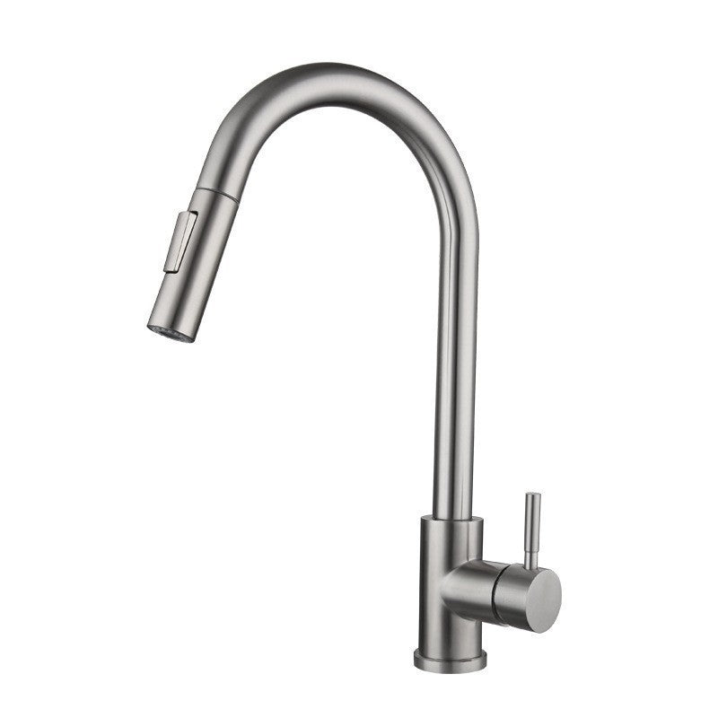 Brushed steel kitchen mixer on white, gooseneck spout and single lever handle seen from the side