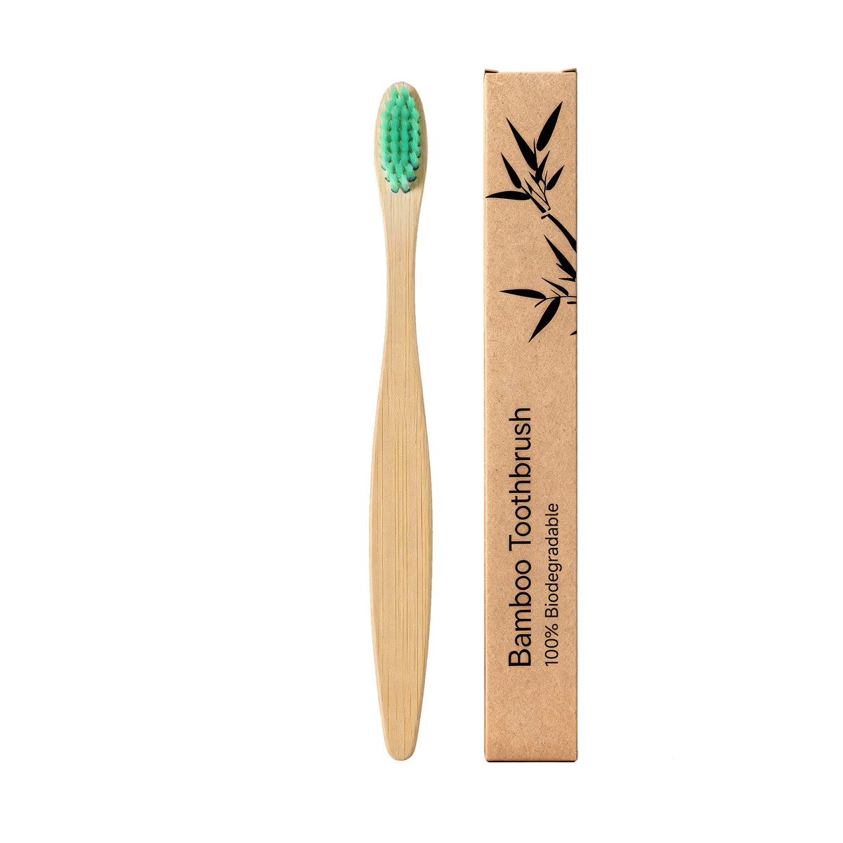 Bamboo toothbrush handle detail showing the smooth flat grip