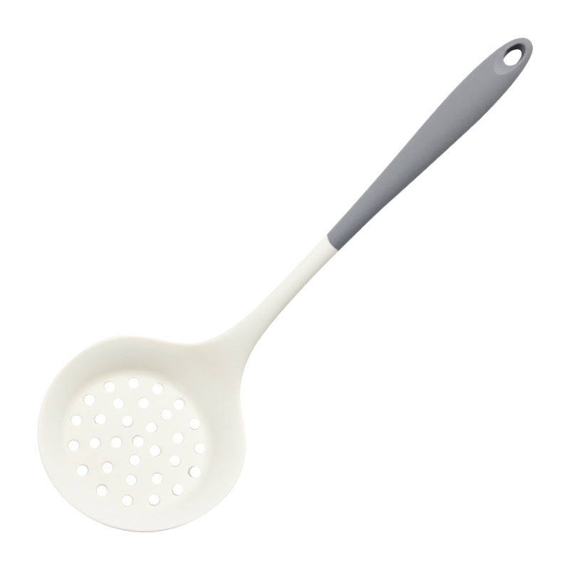 Gray and white silicone skimmer with a perforated round head and a hanging hole on white