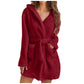 Wine Red plush hooded fleece robe with tie belt, worn by a model, size XL option