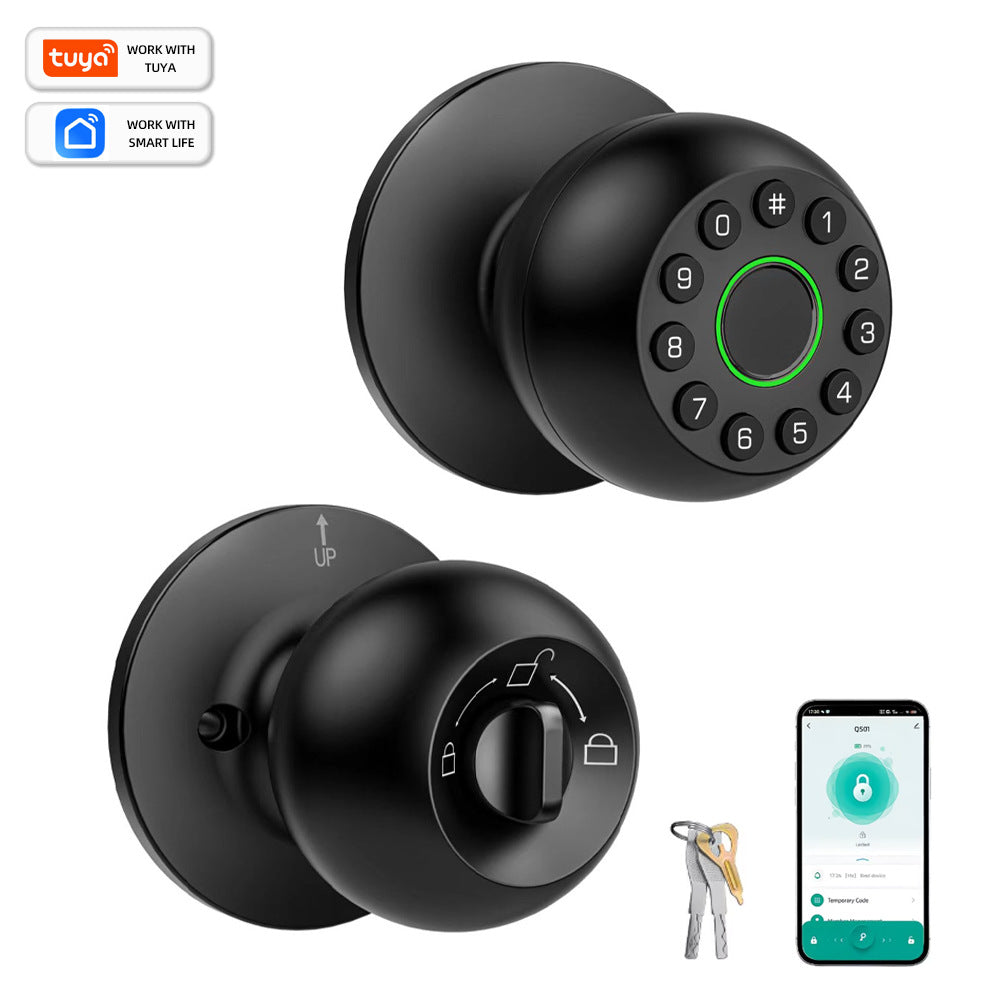 Black spherical smart door knob with keypad and green fingerprint ring, mechanical keys and a phone app screen
