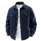 Men's deep blue cotton shirt jacket with flap chest pockets, front view, size 3XL option
