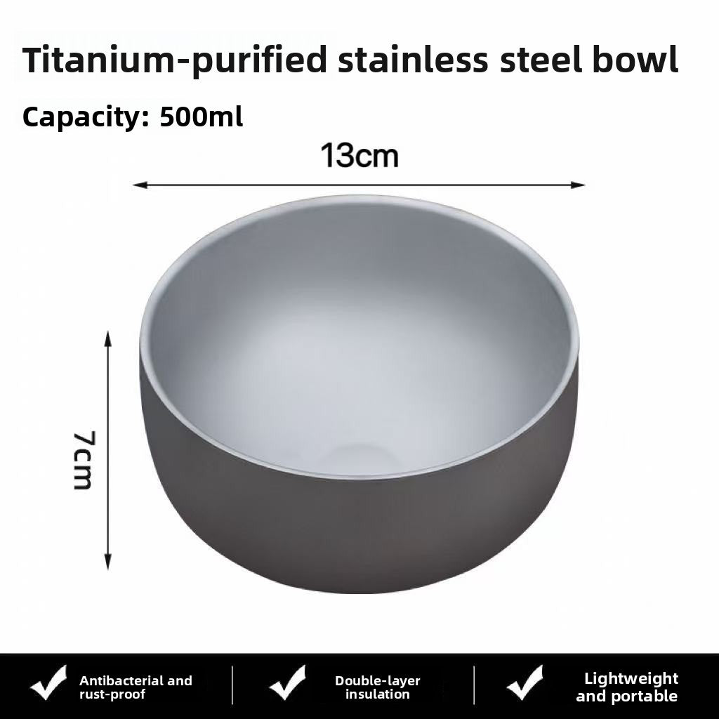 Double wall insulated stainless steel bowl in a grey titanium tone finish shown in full